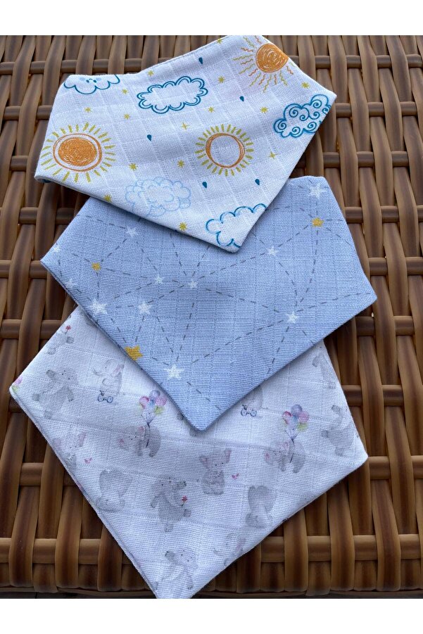 mugaSA - %100 Organik Pamuk, Bebek Mama Önlüğü, Fular, Yakalık,2 Katlı Muslin, 3lü Set (ERKEK BEBEK)