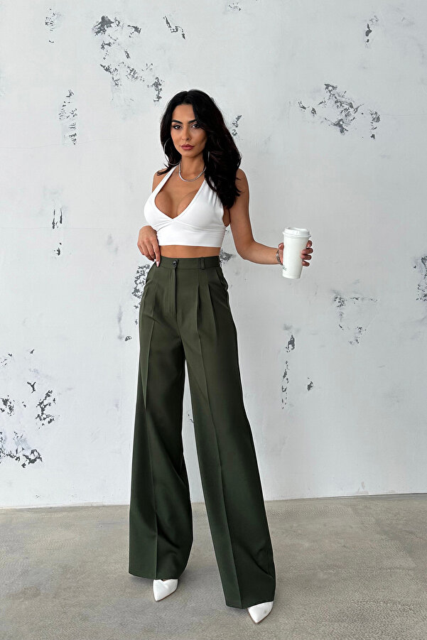 Ortaya Çık Dark Khaki Pleated Fabric Palazzo Trousers Trendyol