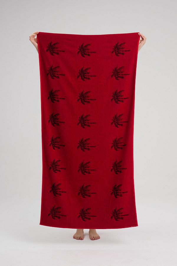 Homelover-Prosop de plajă din bumbac burgundy - model palmier, 70x140cm 1