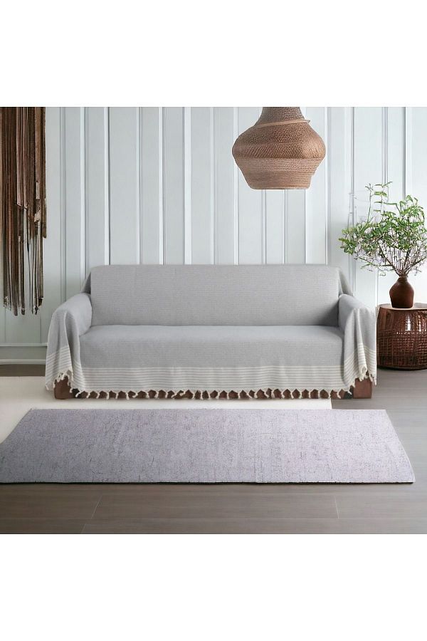 MUC ZE EV M Miracle Home Sofa Cover Handles Knitted Sofa Shawl 180x300 Cm Tufted Light Gray Trendyol