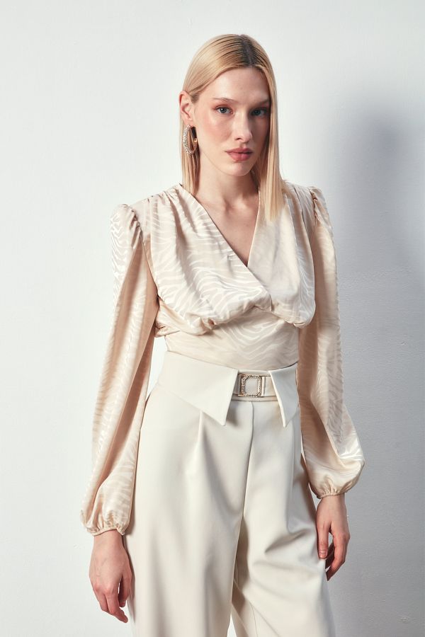 Sateen Patterned Double Breasted Satin Blouse BEIGE Trendyol