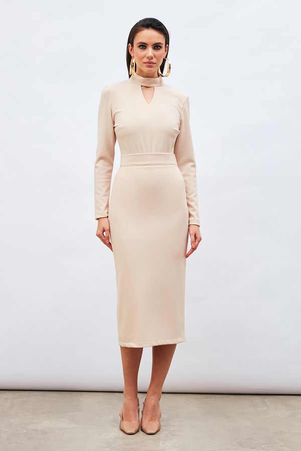 Sateen Beige Midi Pencil Skirt Trendyol