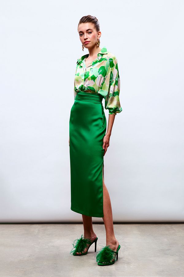Sateen-Satin Skirt with Belt and Pleat Detail - ZEMRUT 1