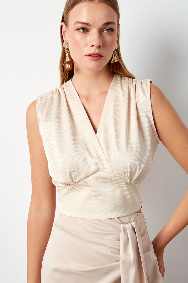 Sateen BEIGE Satin Blouse Double Breasted Patterned Trendyol