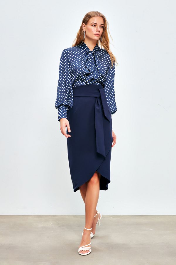 Sateen Belted Pencil Skirt NAVY BLUE Trendyol