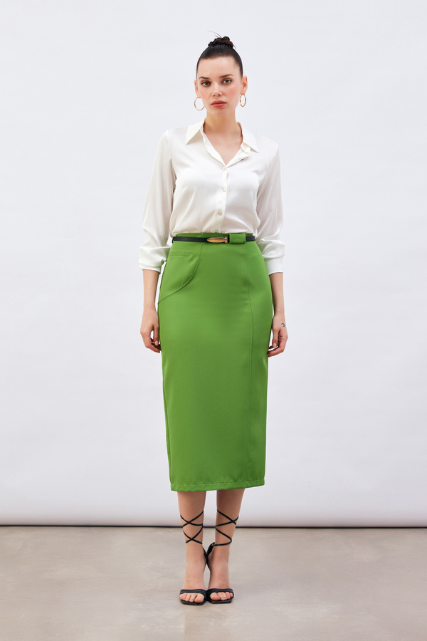 Sateen-Fusta creion midi verde deschis - cu curea 1