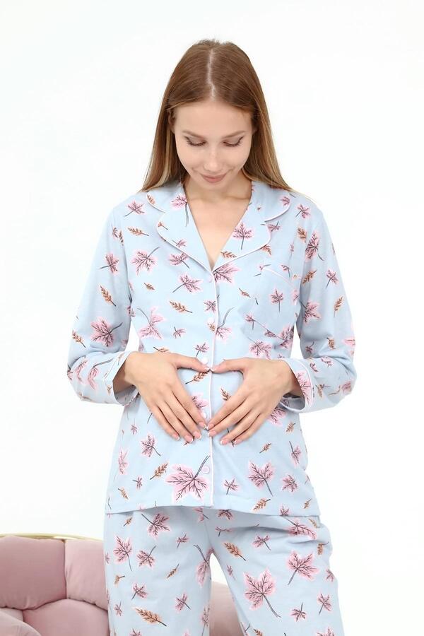 Genel Markalar Likapa Penye Önden Düğmeli Hamile Lohusa Uzun Kol Pijama Takımı