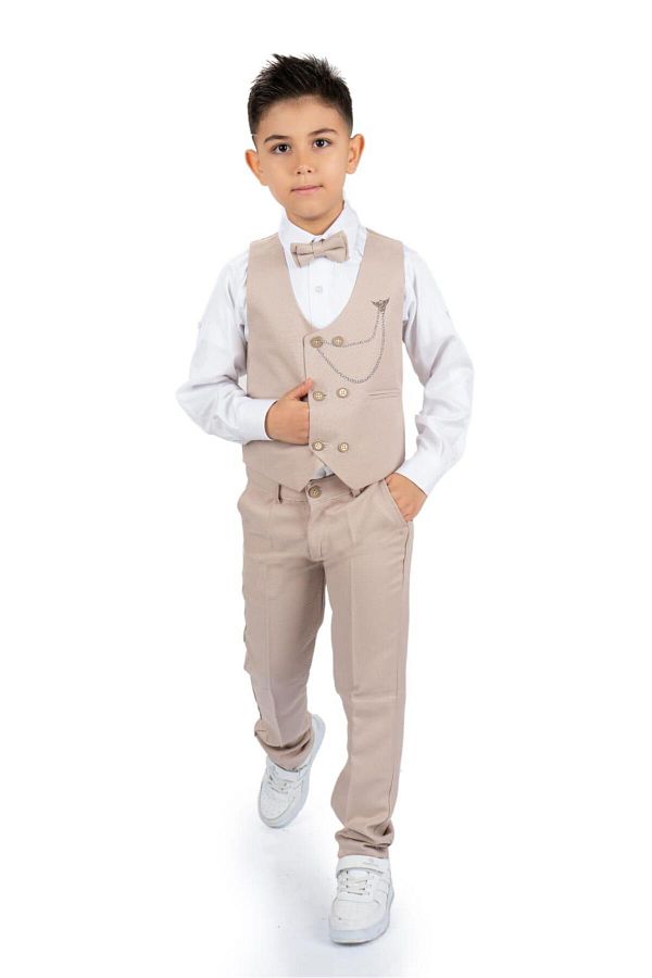 Terry-Boy's Beige Suit - Bow Tie with Vest and Shirt 1