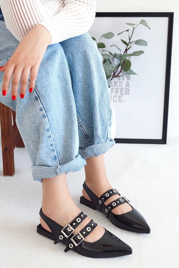 POLKA STORE-Pointed Toe Double Banded Troc Detailed Women's Shoes 1