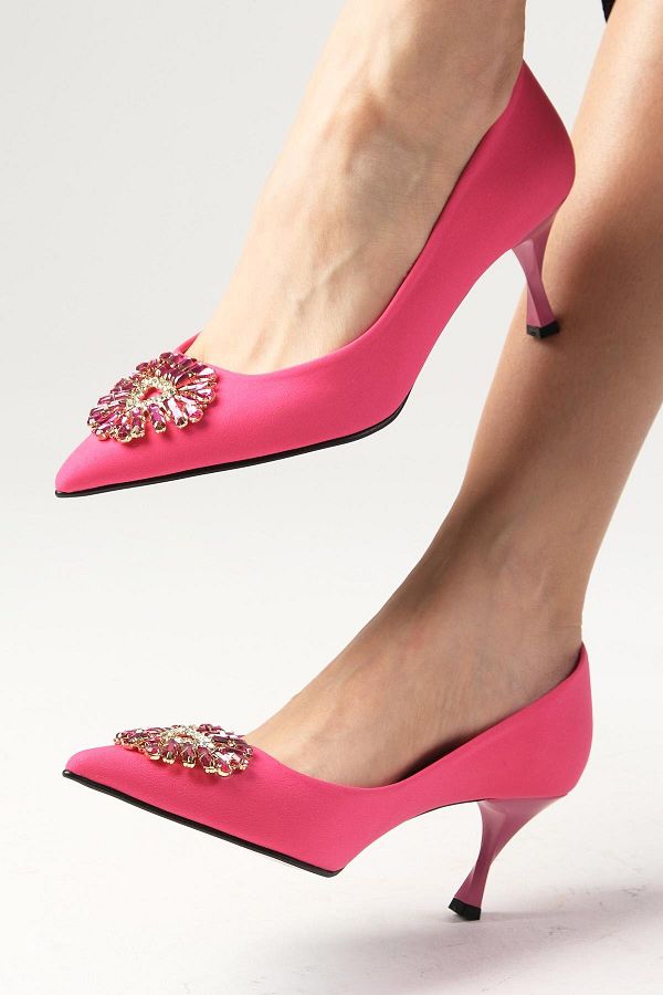Mio Gusto-Alexandra Fuchsia Culoare Crystal Stoned Matte Satin Fabric Rochie de seară de damă Pantofi Stiletto 1