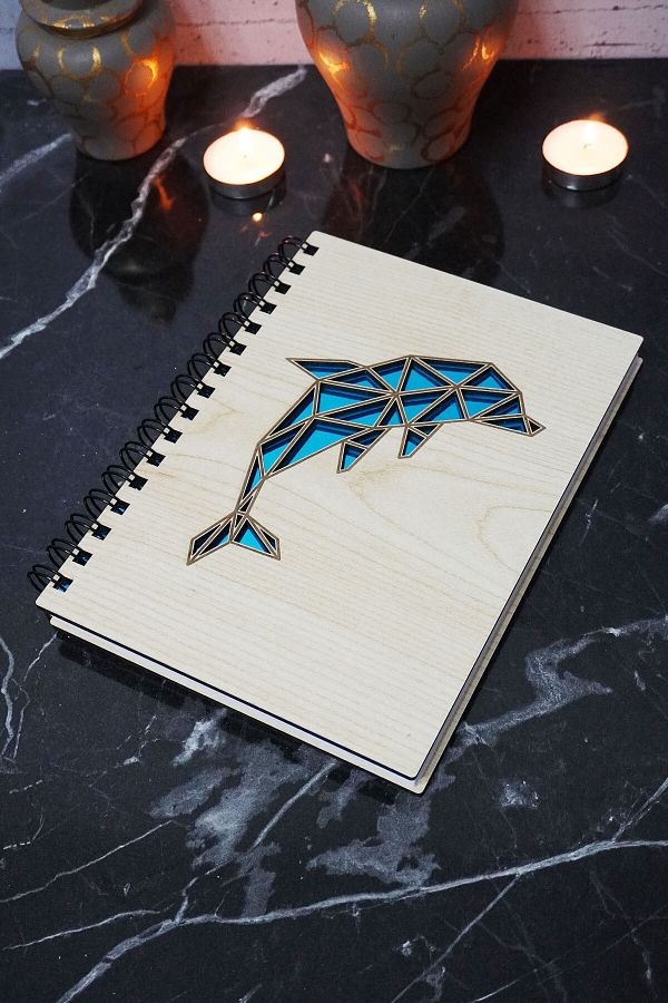 markcat-Dolphin Patterned Figured Wooden Cover Diary Notebook - Unlined A5 Memory Notebook 1