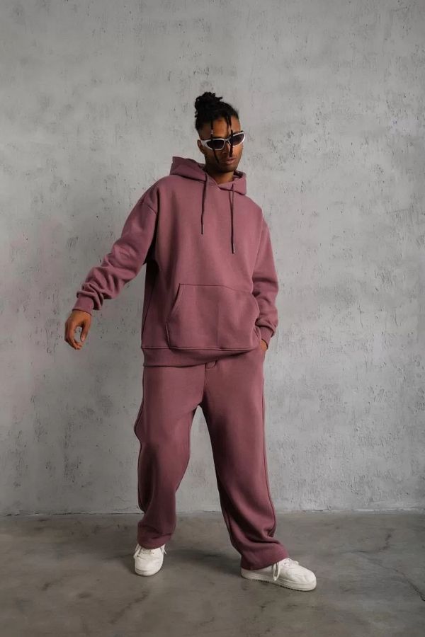 lkbay Men s Dusty Rose Hooded Sweat Suit Baggy Tracksuit Bottoms Trendyol