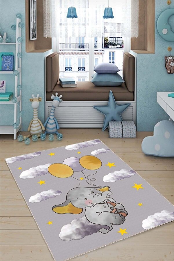 RugViva Makinede Yıkanır Kaymaz Tabanlı Filli Bebek Halısı Ar1019