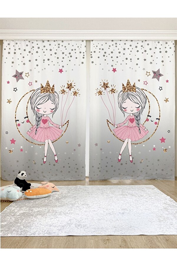 Evpanya Gri Ayda Oturan Prenses Desenli Çocuk & Bebek Odası Fon Perde (tek Kanat Fiyatlandırma)