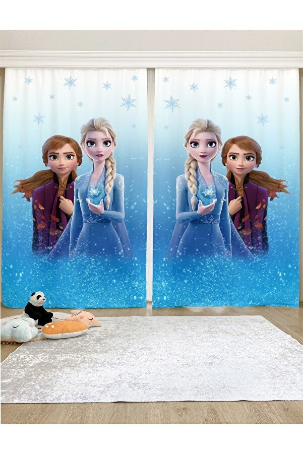 Evpanya Mavi Elsa Anna Desenli Çocuk & Bebek Odası Fon Perde