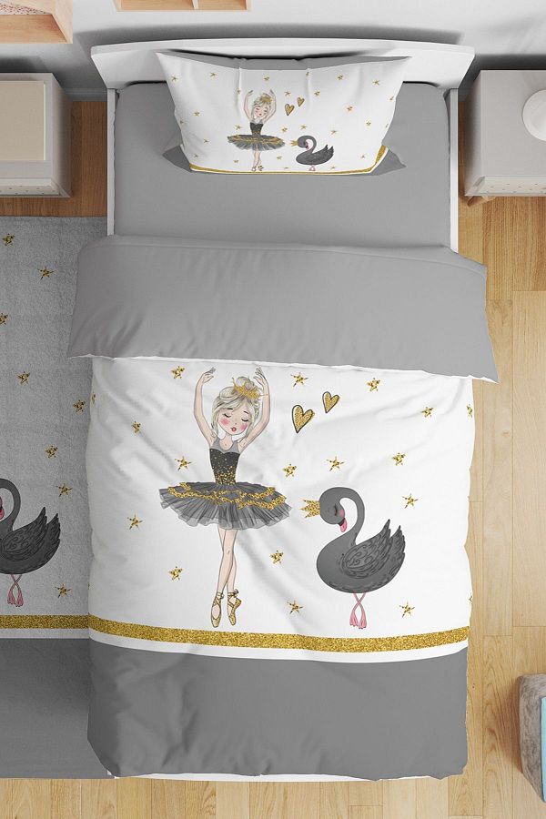 Evpanya Gold Striped Ballerina and Swan Patterned Single Baby Kids Bedding Set Trendyol