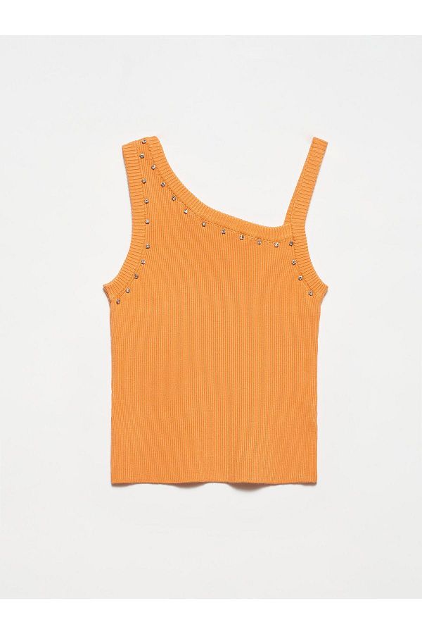 Dilvin-10385 Collar Sleeve Edge Stoned Knitwear Athlete-Orange 1