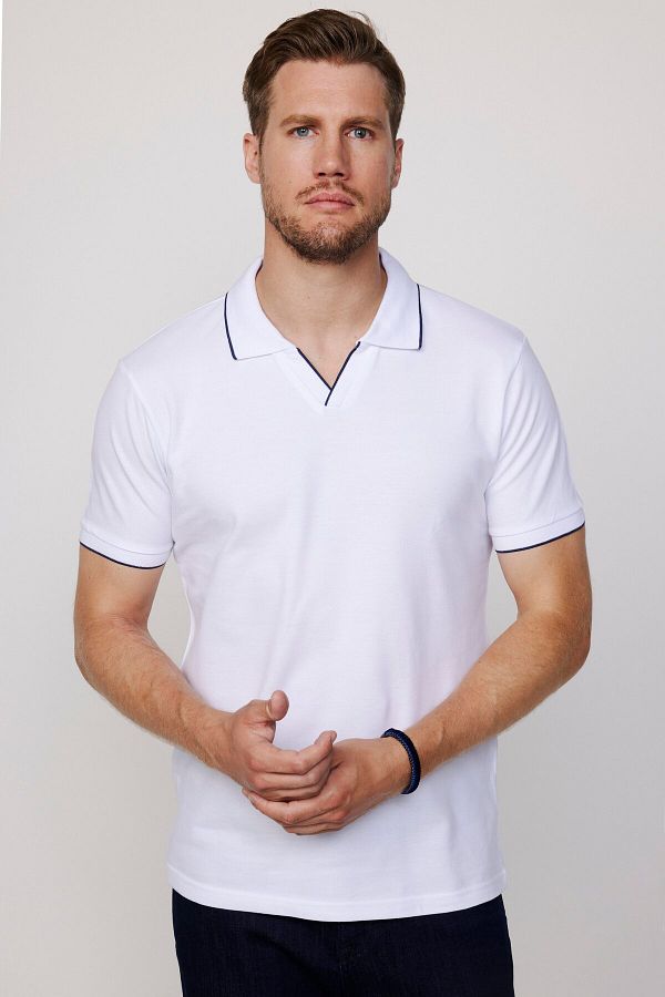 Tudors Men s Slim Fit Slim Fit 100 Cotton Plain Pique Buttonless White Polo V Neck T Shirt Trendyol