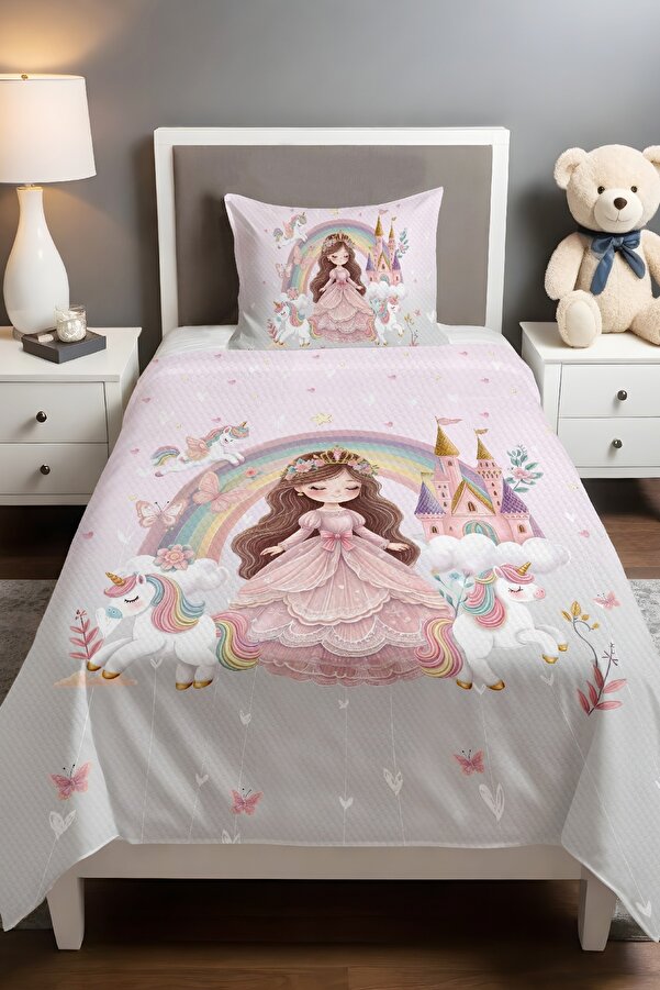 Evpanya Pembe Gri Unicornlu Prenses Desenli Pike Seti (160x230cm)