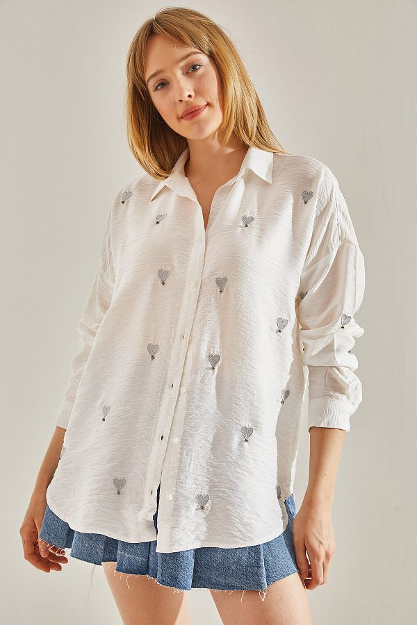Bianco Lucci-Cămașă oversize din in alb - model Airobin brodat cu inimă 60251005 1