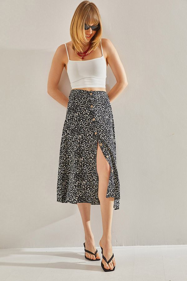 Bianco Lucci-Black Midi Women's Skirt - Patterned with Button Detail and Elastic60251012 1