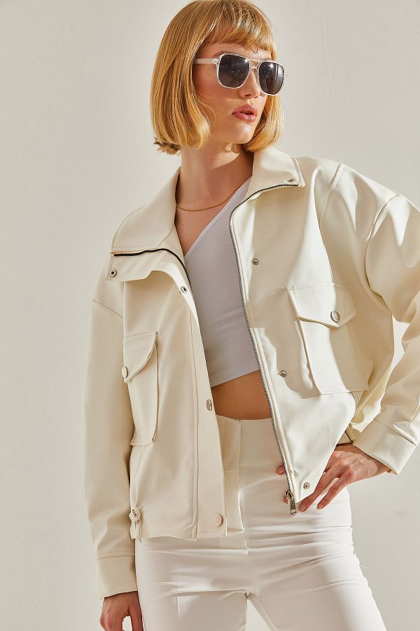 Bianco Lucci Women s Leather Jacket with Rubber Pockets and Zipper 60251070 Trendyol