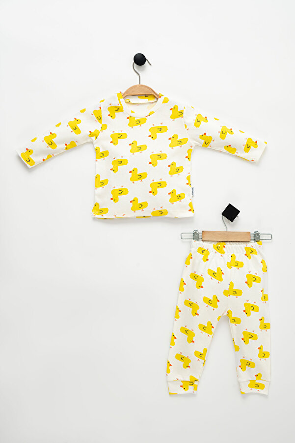 NEU KIDS Unisex Çocuk Sarı Ördek Baskılı Uzun Kollu %100 Pamuklu Pijama Takımı 1-4 Yaş