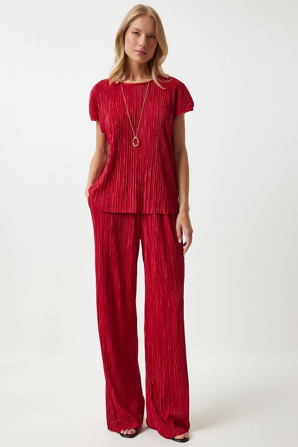 Happiness İstanbul-Women's Red Comfortable Pleated Blouse and Pants Set - MC00283 1