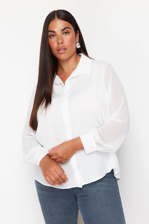 Trendyol Curve Plus Size White Chiffon Shirt Long Sleeve Button TBBAW23AX00004 Trendyol