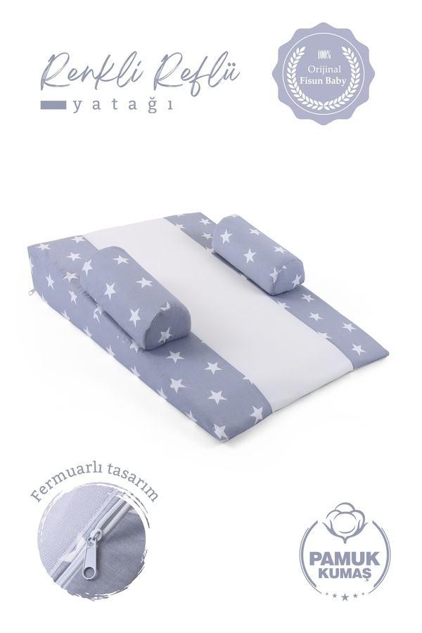 Fisun Baby Bebek Reflü Yatağı (AÇIK GRİ-YILDIZ) Yıkanabilir Kılıflı, Ortopedik, Ana Kucağı