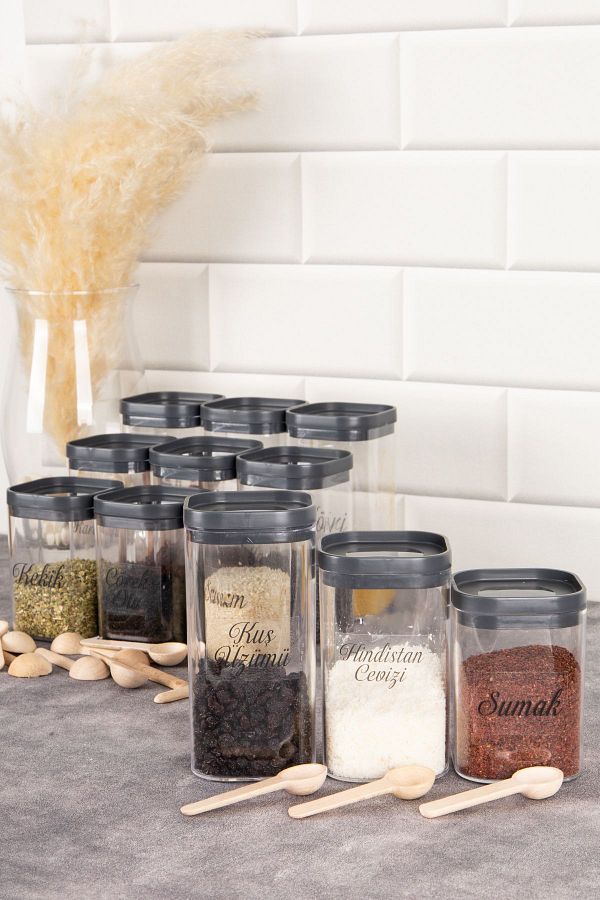 DNS HOME Set of 12 Anthracite Vacuum Acrylic Spice Jars with Lids and Spoons All Sizes 300 250 200 ml Spice Jar Set Trendyol