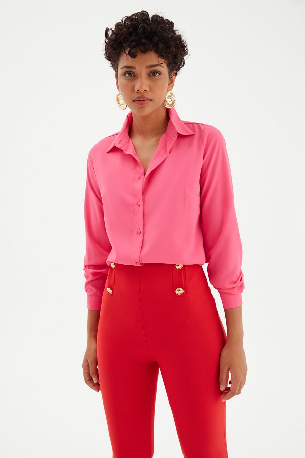 Sateen-قميص فوشيا طويل الظهر 1
