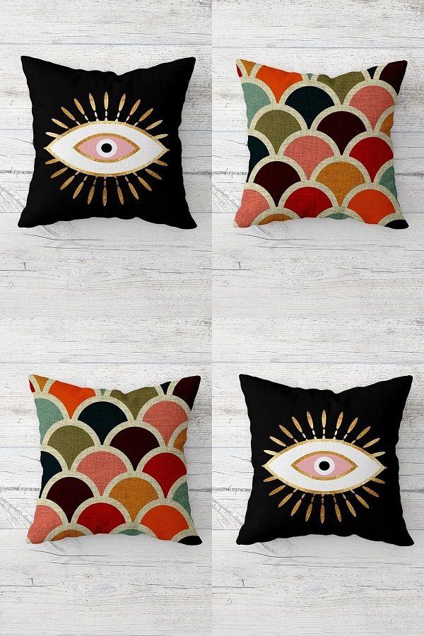 on the clouds-4 Pieces Hidden Zipper and Color Block Eye Patterned Throw Pillow Cover Set - Sofa and Pillow Set 1