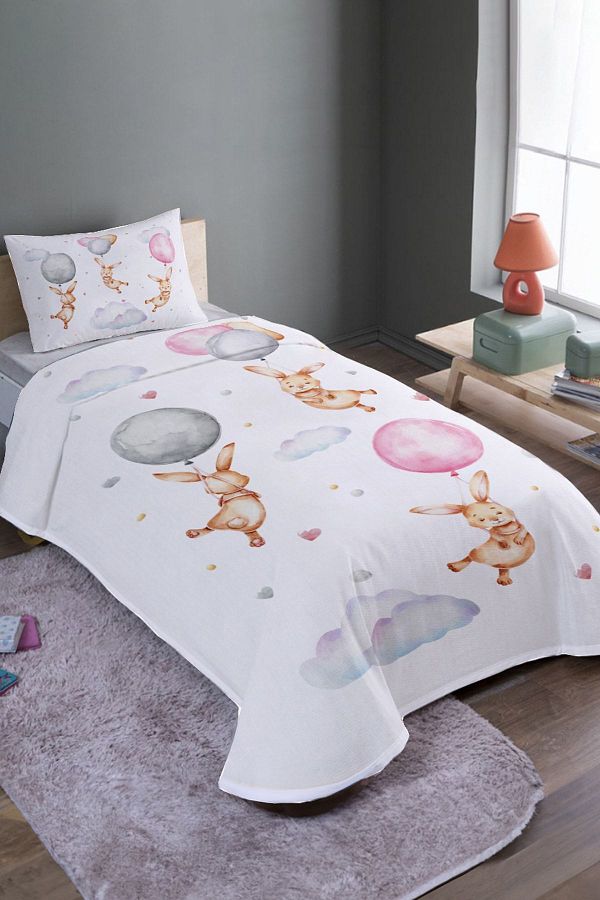 EVPANYA-Balloon Swinging Rabbits Patterned Single Pique Set and Bedspread 1