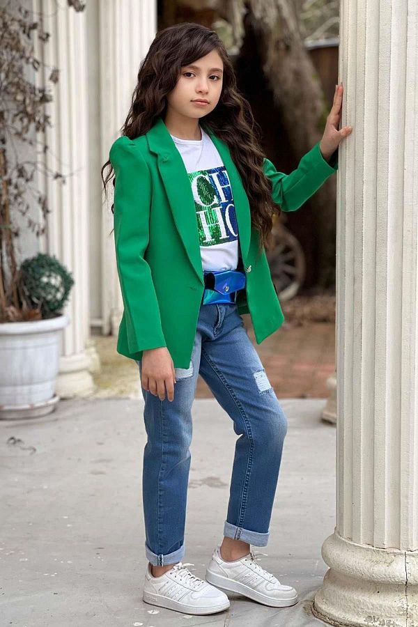 Riccotarz Girl s Letter Sequin T shirt and Jeans Green Blazer Jacket Top and Bottom Set Trendyol