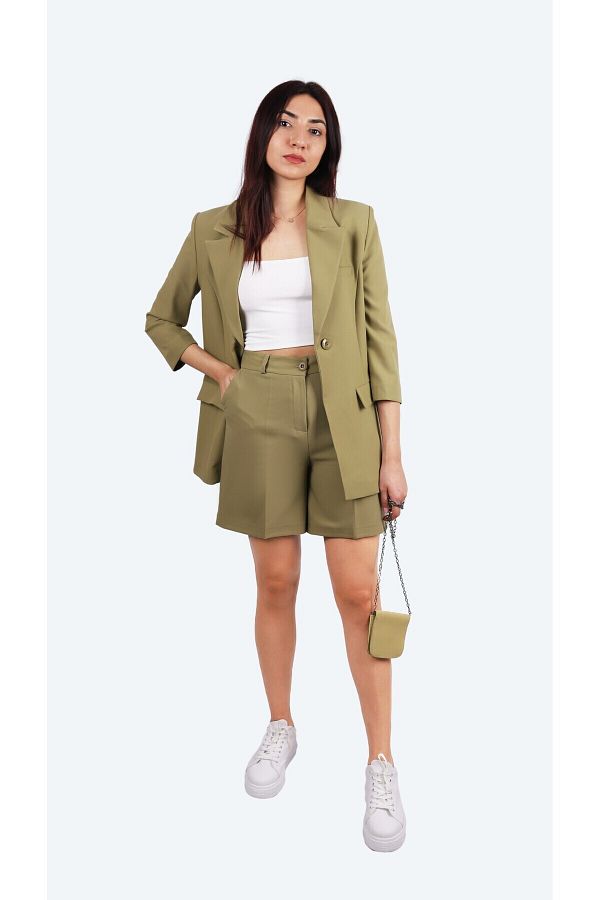 BEL Olive Green Blazer Jacket Shorts Suit with Mini Bag Trendyol