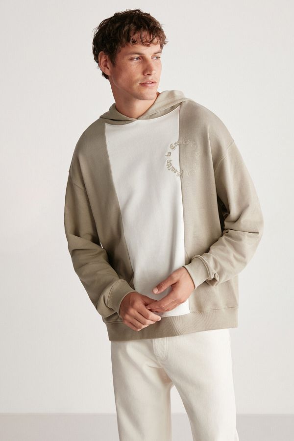 GRIMELANGE-Timothy Men's Contrast Piece Embroidered Hooded Light Khaki Sweatshirt 1