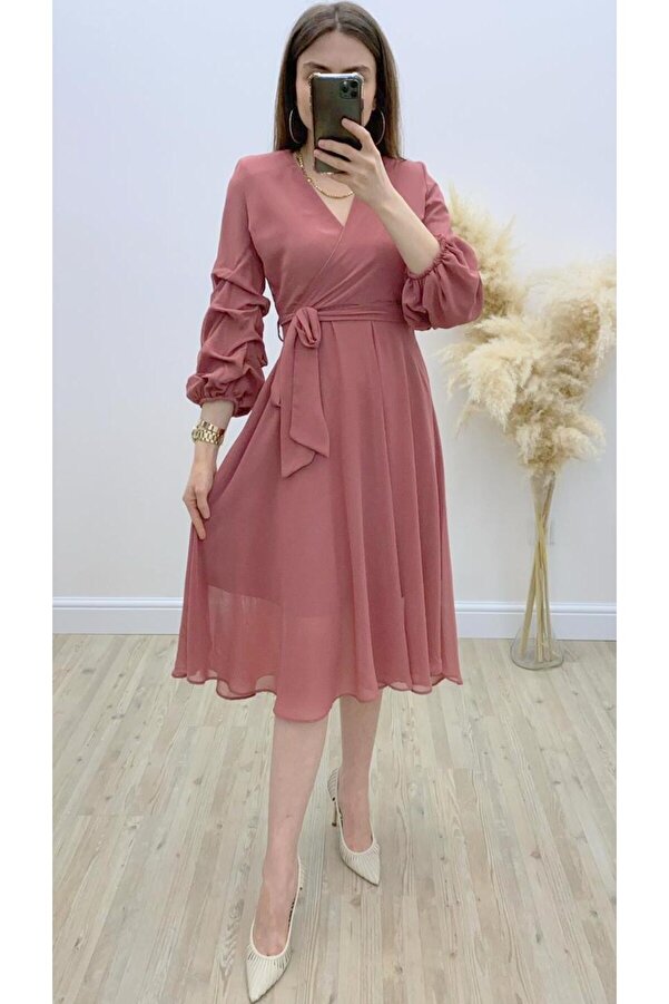 MaziButik Midi Length Chiffon Dress Powder Trendyol