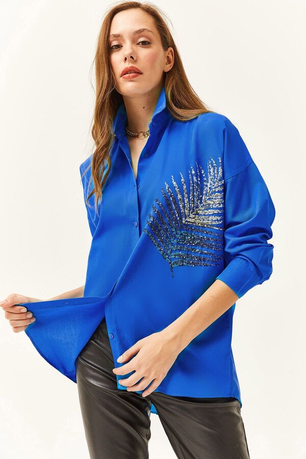 Olalook-Damen-Hemd aus übergroßem, gewebtem Popeline von Saks mit blauen Palmen-Paillettendetails und Details GML-19001016 1