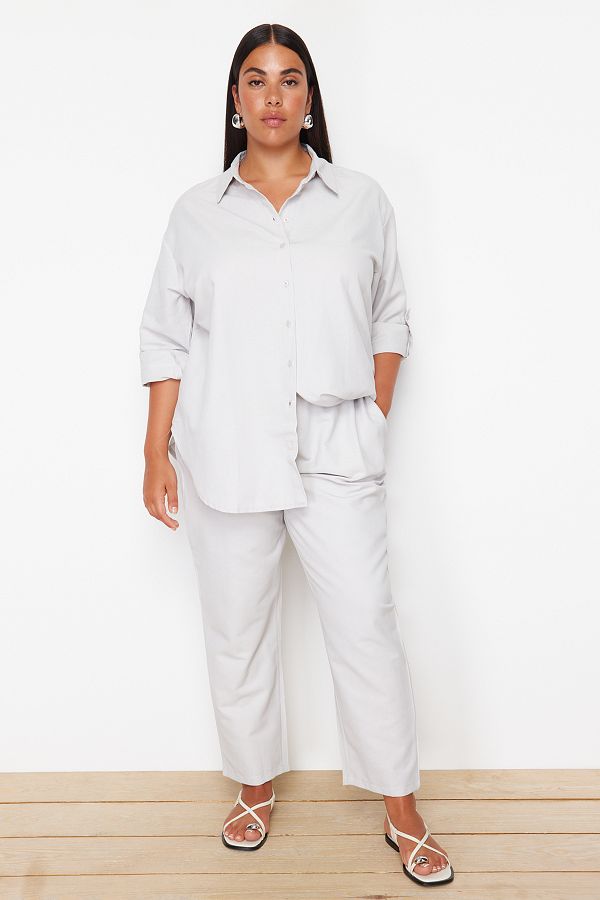 Trendyol Curve-Beige Woven Plus Size Bottom-Top Set 1