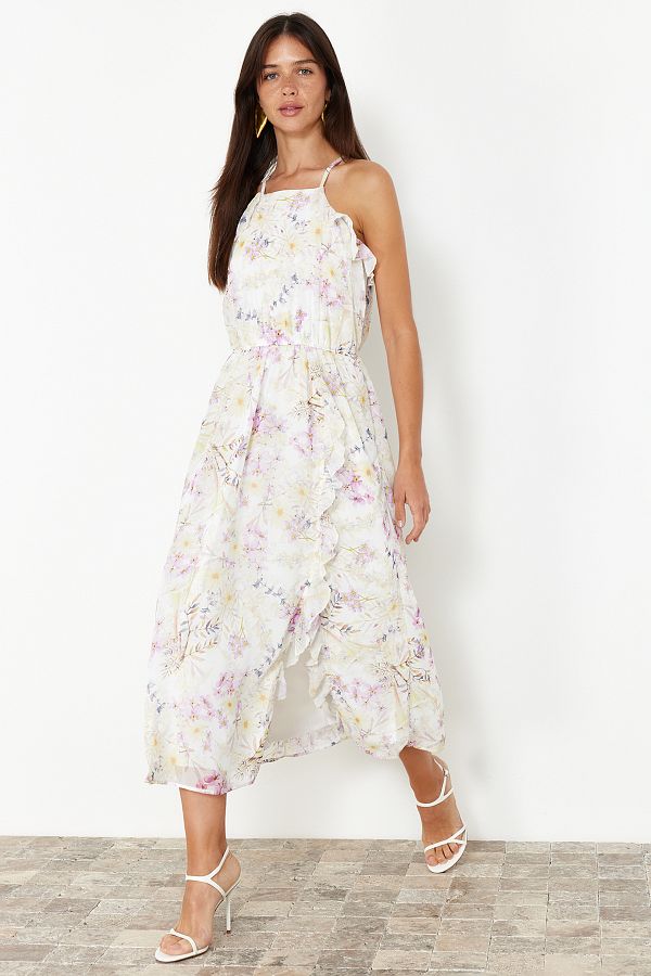 Trendyol Collection-Ecrufarbenes A-Linien-Maxikleid aus Webstoff mit Blumenmuster und Rüschendetail, Chiffonfutter TWOSS24EL00805 1