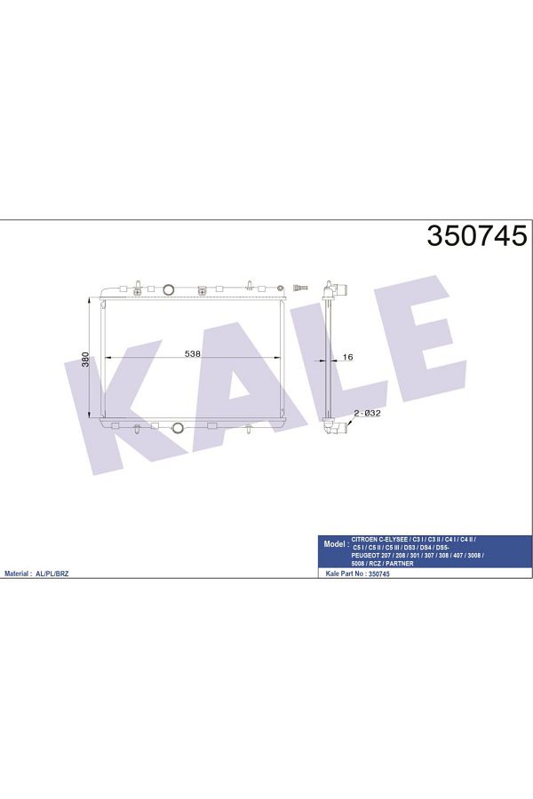 KALE-Radiator 734338   Partner 08->Tepe P407 05->1.6 Hdi 2.0 Hdi 1330F5 1330W2 Sot - Gold, Silver, Bronze 1