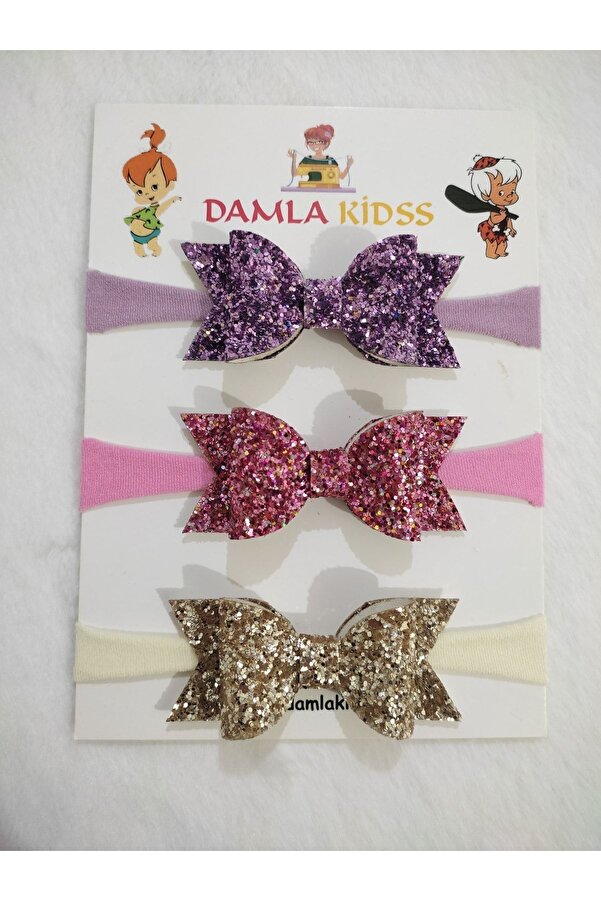 damlakids Kız Bebek Çocuk Bandana Toka Seti 3'lü Pembe Lila Gold