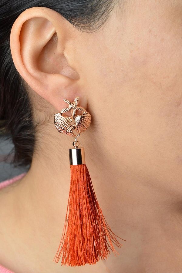 AKIN AKSESUAR HEDİYELİK-Gold Colored Starfish and Oyster Detailed Long Tassel Earrings 1