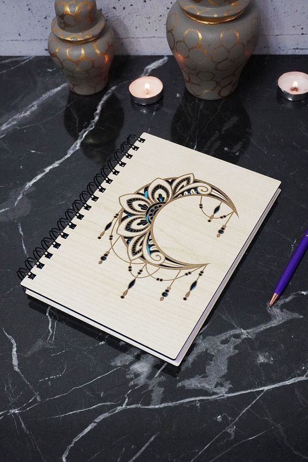 markcat-Mandala Patterned Notebook with Wooden Cover - Unlined Agenda and Daily Use - A5 Memory Book 1