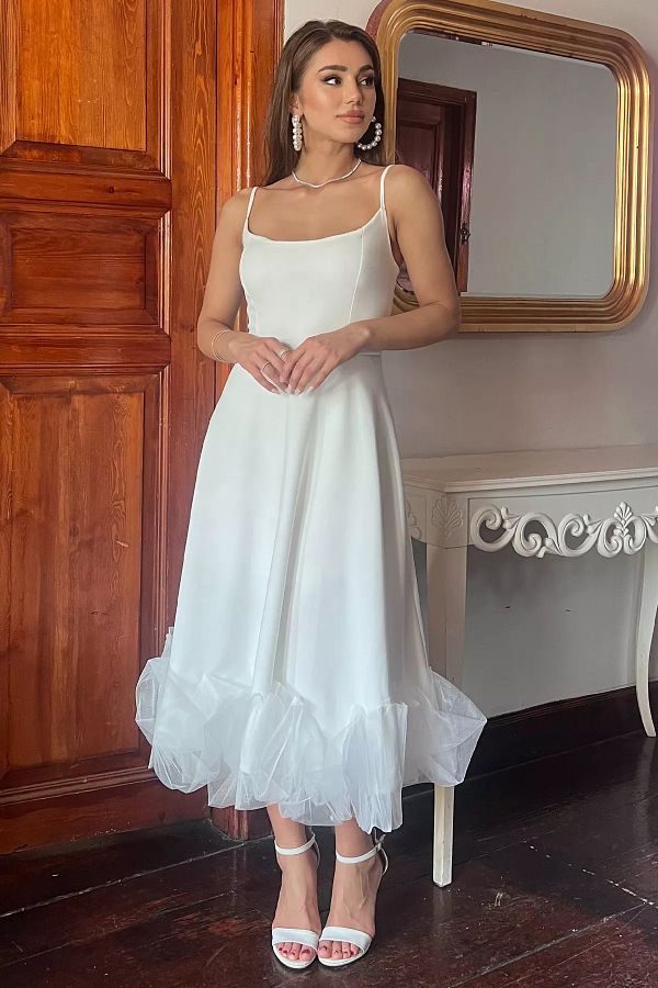 GULSEL White Evening Dress with Tulle Skirt and Adjustable String Straps Evening Outfit Trendyol