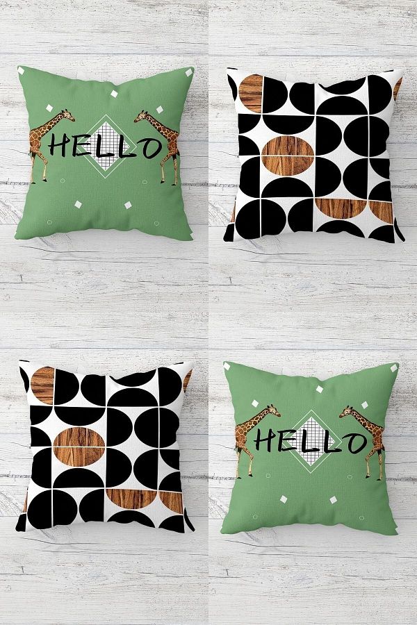 on the clouds-Giraffe And Circle Pattern Hello Written Hidden Zippered Throw Pillow Cover Sofa Pillow Cover Set (4pcs) 1