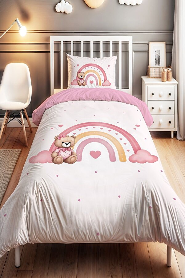 Evpanya Gökkuşaklı Bebek Ayıcık Desenli Tek Kişilik Bebek Çocuk Nevresim Seti