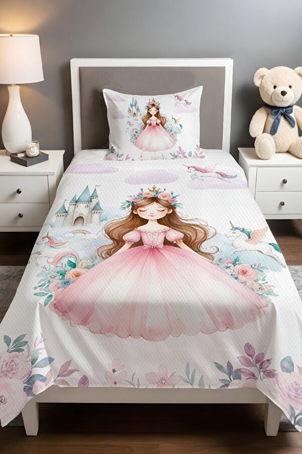 Evpanya Gül Taçlı Prenses Desenli Pike Seti (160x230cm)