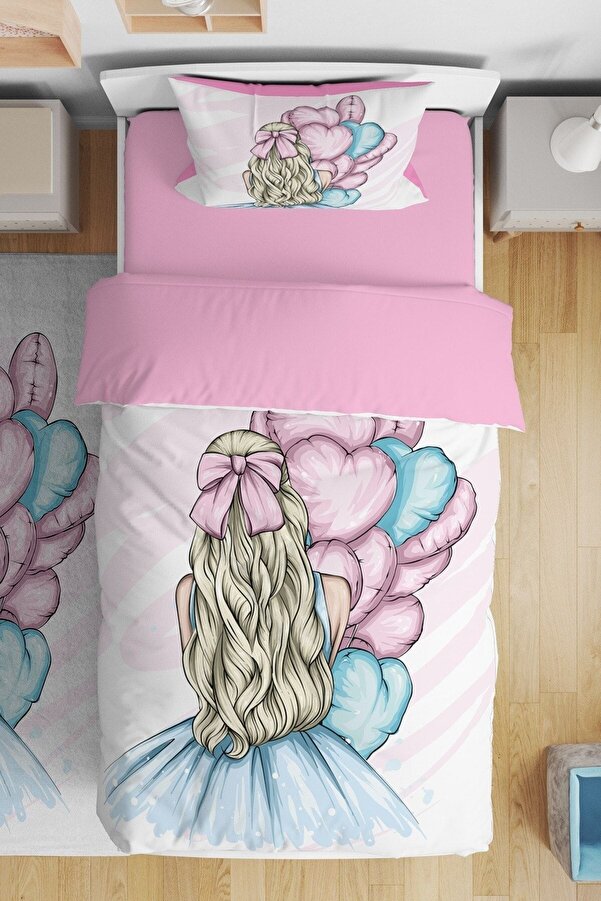 Evpanya Mavi Balonlu Kız Desenli Tek Kişilik Bebek Çocuk Nevresim Takımı